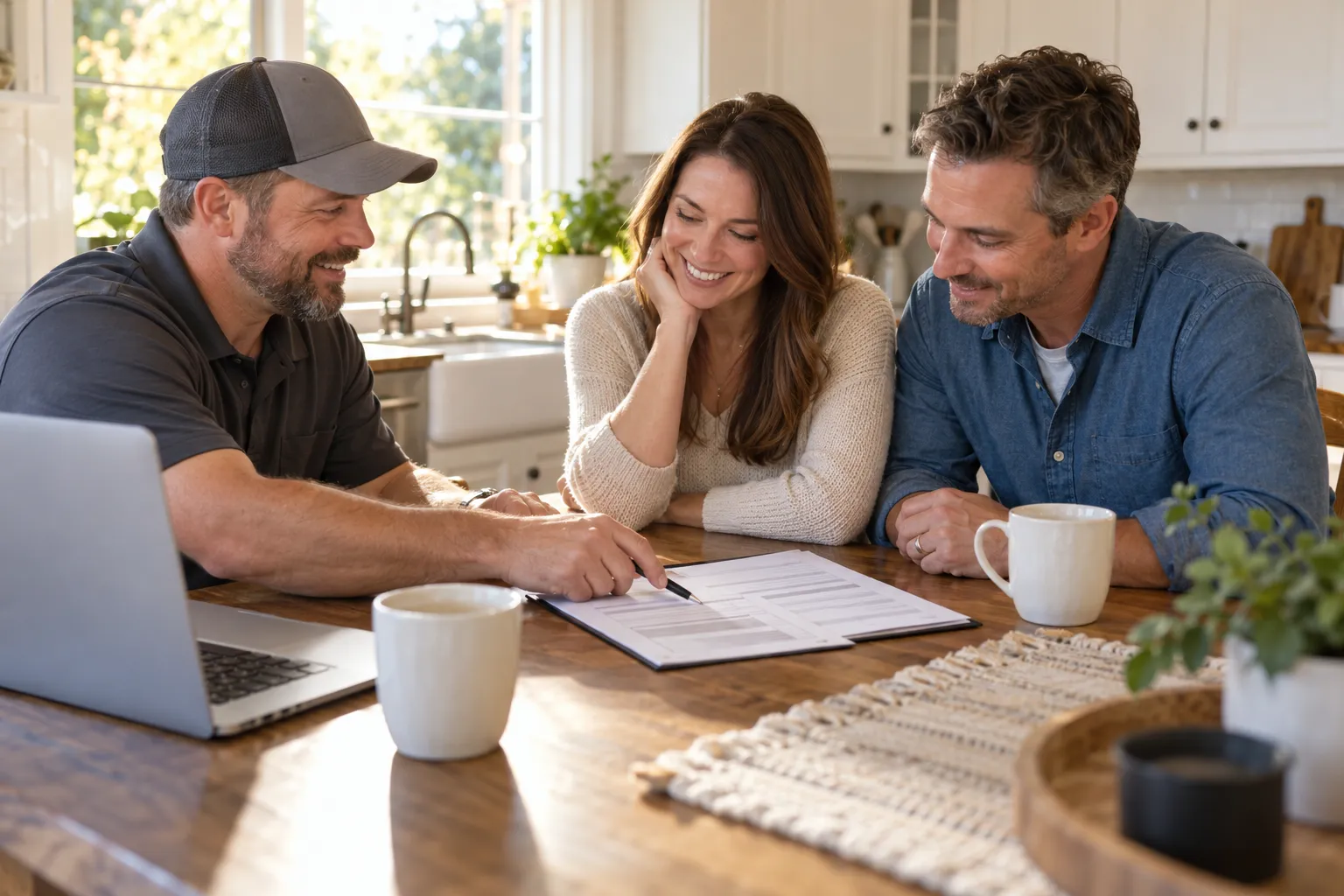 A homeowner reviewing a roof estimate at a kitchen table in the Stamford area